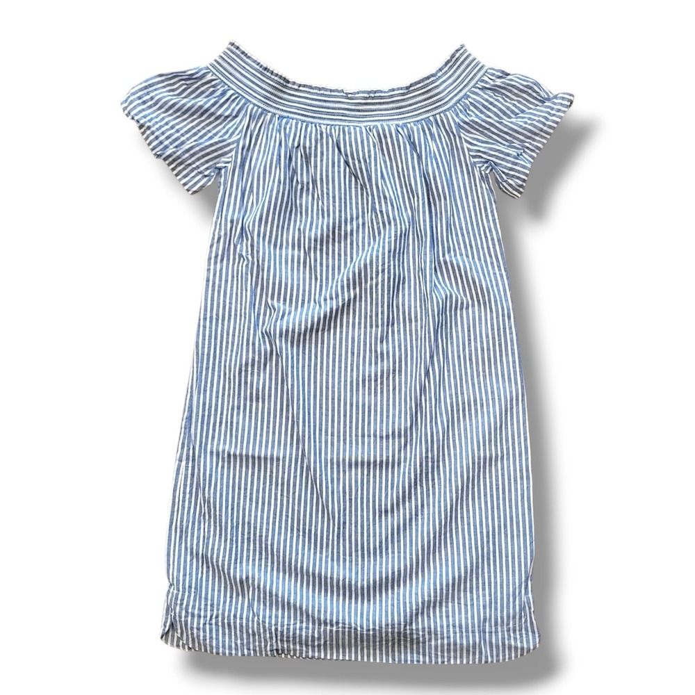 J.Crew Dress Womens 00 Blue White Stripe Linen Blend Smocked Off Shoulder